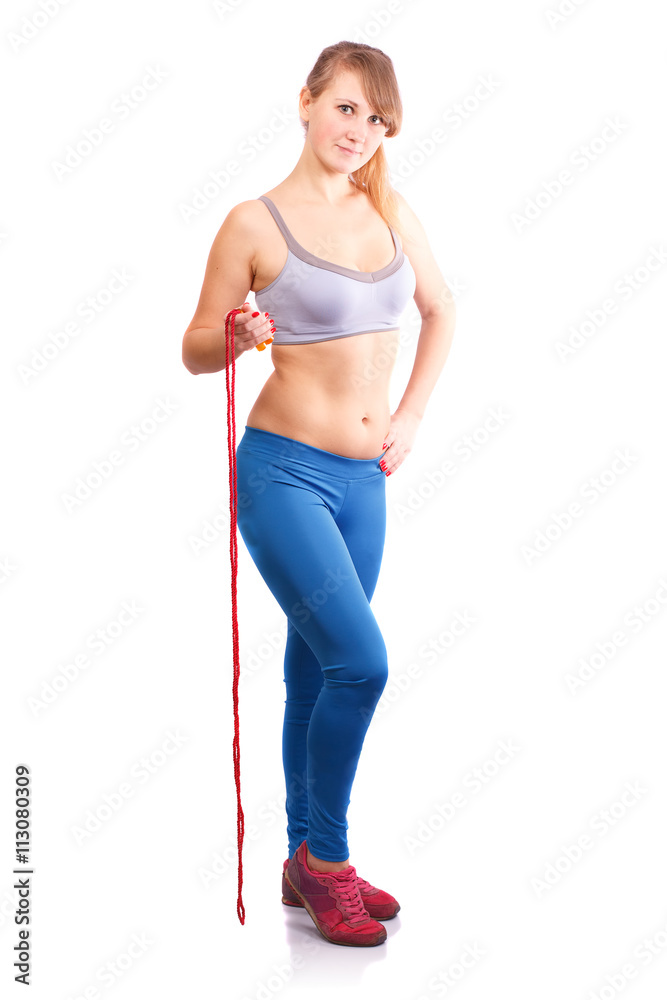 Girl jumping rope on a white background. Girl jumping rope on a white background.