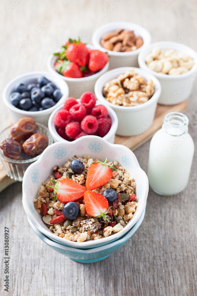 Paleo style breakfast: grain free oat free granola with almond milk and with mixed nuts, and fresh berries, selective focus Paleo style breakfast: grain free oat free granola with almond milk and with mixed nuts, and fresh berries, selective focus