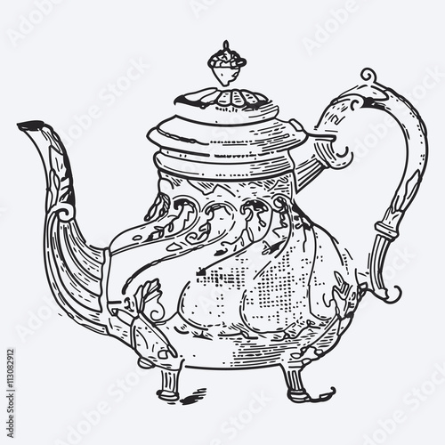 Vintage tea pot engraving, ephemeral vector illustration