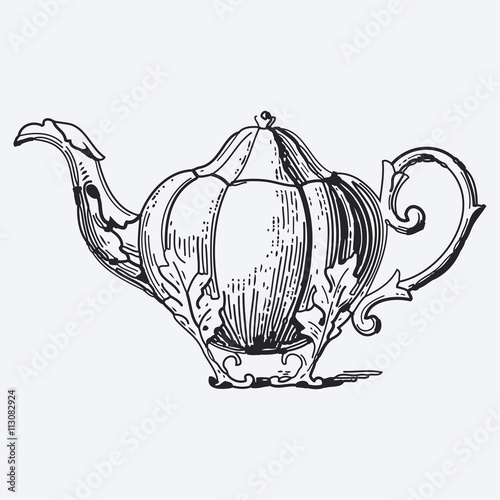 Vintage tea pot engraving, ephemeral vector illustration