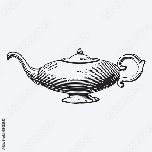 Vintage tea pot engraving, ephemeral vector illustration