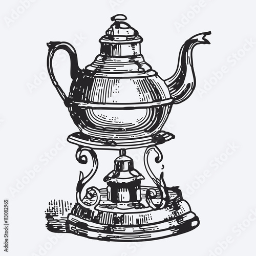 Vintage tea pot engraving, ephemeral vector illustration