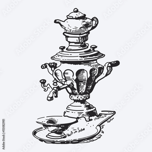 Vintage tea pot engraving, ...