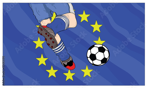 football player kicks the ball against the background of the flag of the European Union. vector illustration.