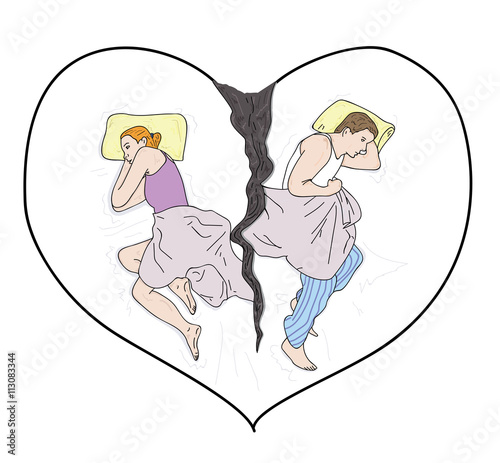 Couple in bed on the background of the heart. vector illustration