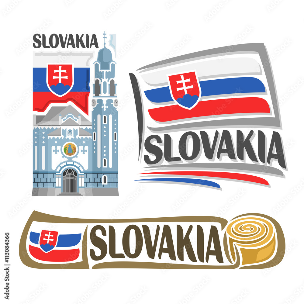 Vector logo Slovakia,3 isolated illustrations: Blue Church of St. Elizabeth in Bratislava on background national state flag, symbol Slovakia Republic and slovak flag beside slovakian parenica close-up
