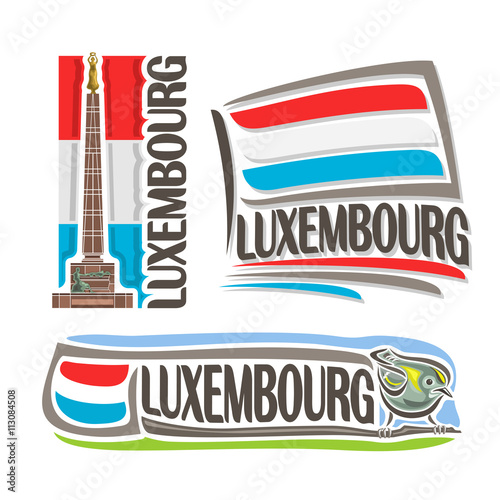 Vector logo Luxembourg, 3 isolated illustrations: statue of golden lady on background of national state flag, luxembourgish symbol and flag Grand Duchy of Luxembourg beside goldcrest kinglet close-up