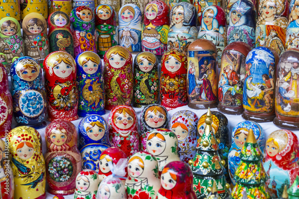 Colorful Russian nesting dolls matreshka at the market. Matriosh