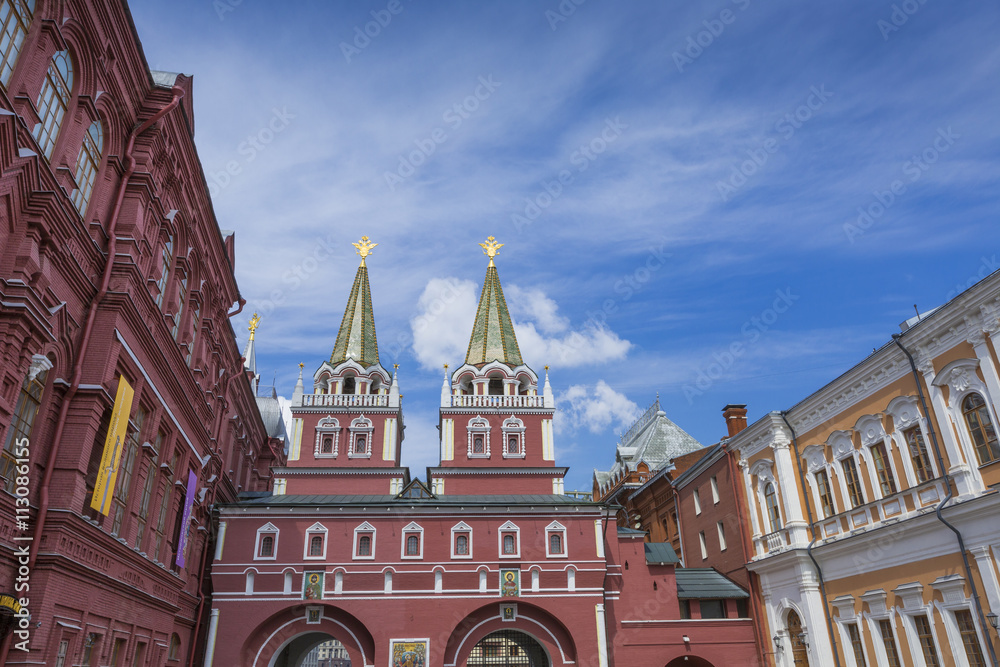 View on Voskresenskie gate in Kremlin Castle in Moscow, Russia
