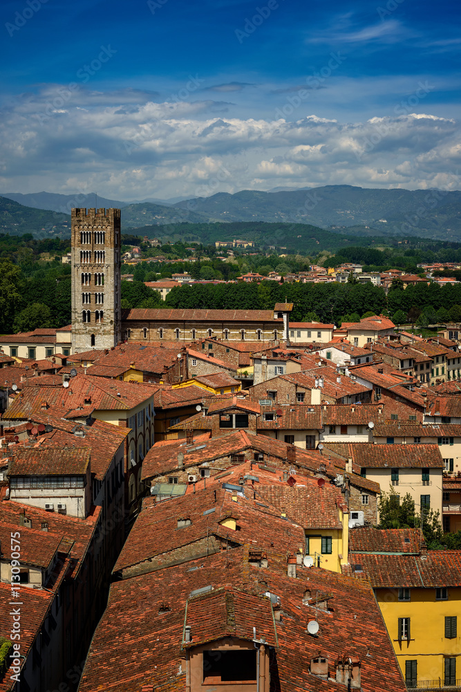 View of Lucca and Basilica di San Frediano, Tuscany, Italy.