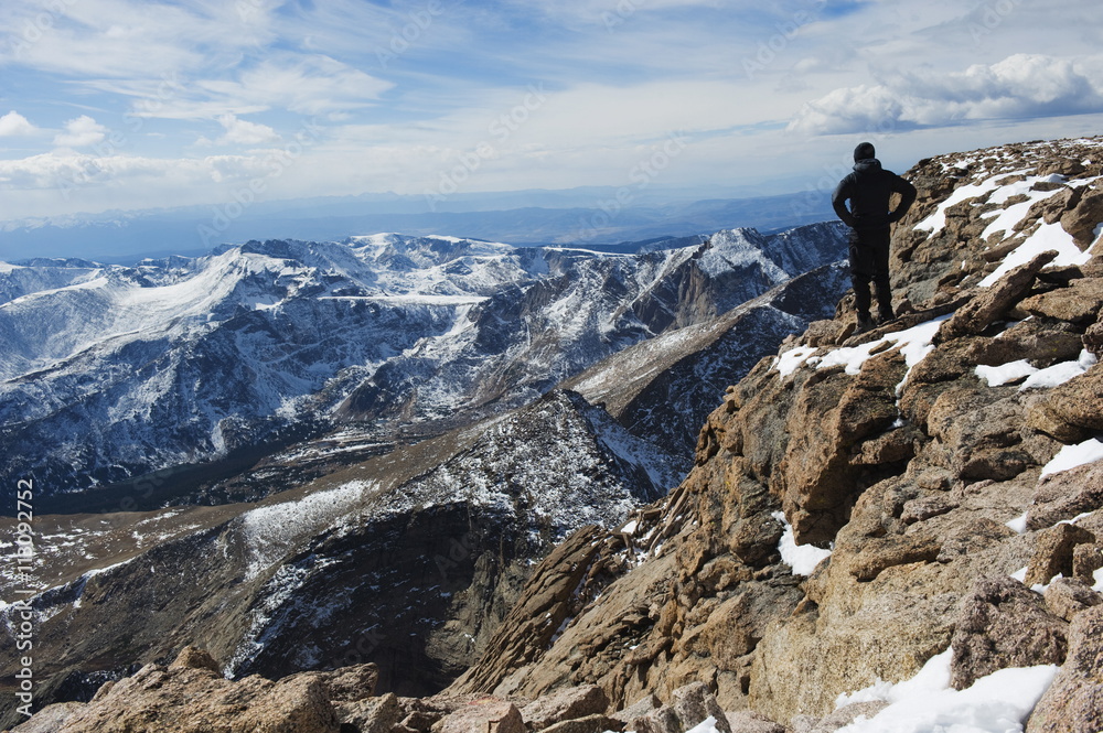 Hiker on Longs Peak Trail, Rocky Mountain National Park, Colorado Hiker on Longs Peak Trail, Rocky Mountain National Park, Colorado
