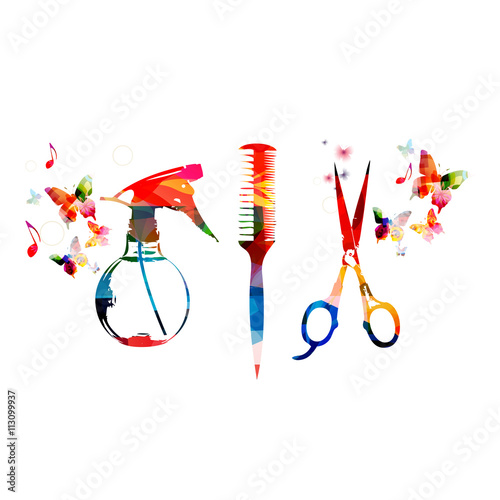 Hairdressing tools background with colorful comb, scissors and sprayer