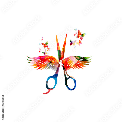 Hairdressing background with colorful  scissors with wings