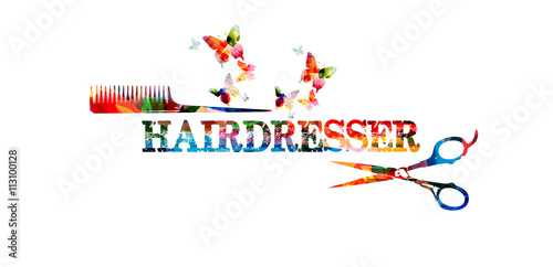 Hairdressing tools background with colorful comb and scissors