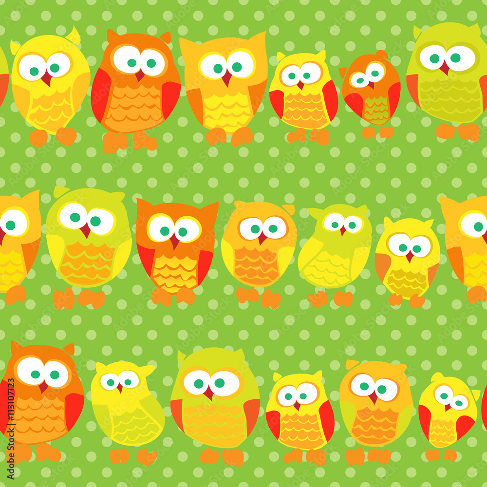 Seamless pattern with cute owls on green dotted background. Seamless pattern with cute owls on green dotted background.
