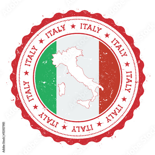 Italy map and flag in vintage rubber stamp of state colours. Grungy travel stamp with map and flag of Italy. Country map and flag vector illustration.