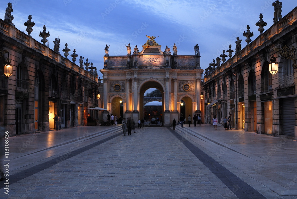 Evening view of the Arc de Triomphe, Place Stanislas, Nancy, Lorraine, France Evening view of the Arc de Triomphe, Place Stanislas, Nancy, Lorraine, France