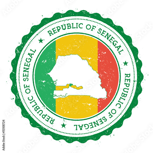 Senegal map and flag in vintage rubber stamp of state colours. Grungy travel stamp with map and flag of Senegal. Country map and flag vector illustration.