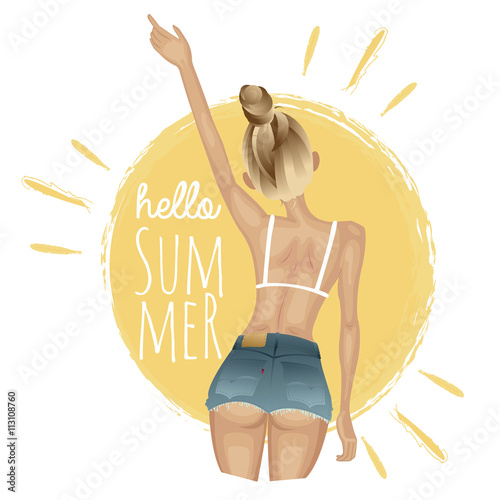 Summer girl in jeans shorts and bikini on the background of sun