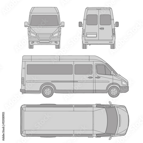 car template. commercial vehicle - delivery van. Blueprint, drawing, proection, all view bus. grey