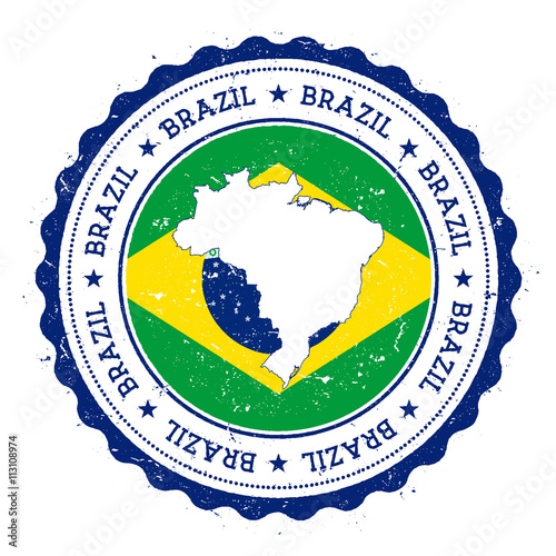 Brazil map and flag in vintage rubber stamp of state colours. Grungy travel stamp with map and flag of Brazil. Country map and flag vector illustration.