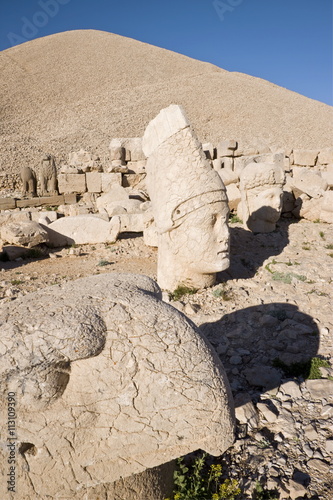 Ancient carved stone heads of the gods, the god Antiochus, Nemrut Dagi (Nemrut Dag), on the summit of Mount Nemrut, Anatolia, Turkey Minor photo