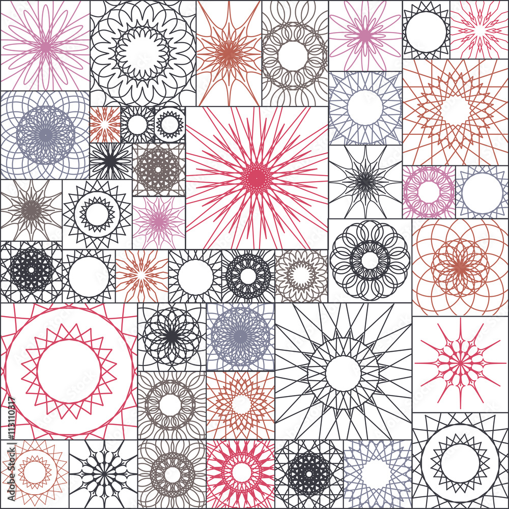 Tile seamless pattern with spirograph. Mandalas in square shape. Wallpaper design,