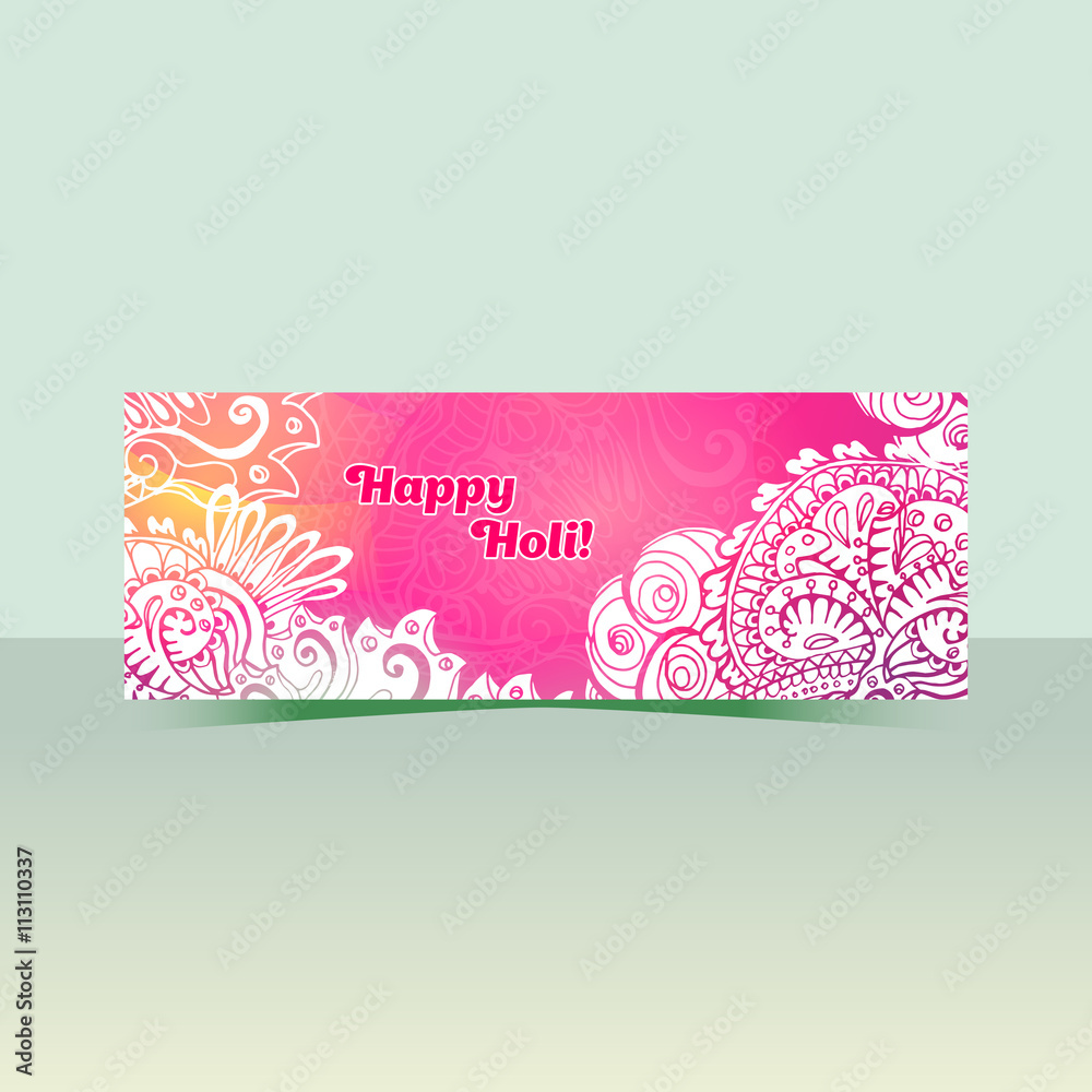 Happy Holi horizontal flyer design template, vector background concept with colorful doodle style paint. Pink and white colors.