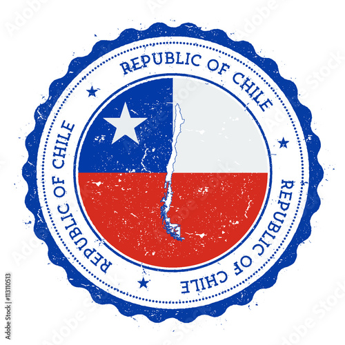 Chile map and flag in vintage rubber stamp of state colours. Grungy travel stamp with map and flag of Chile. Country map and flag vector illustration.
