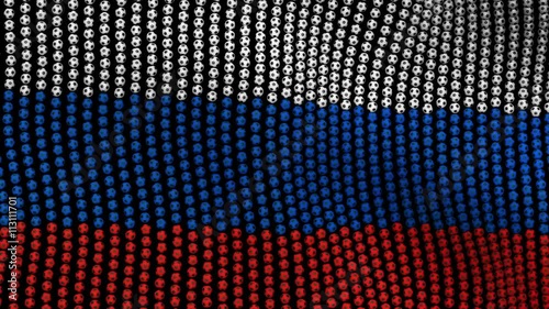 Flag of Russia, consisting of many balls fluttering in the wind, on a black background. Colored soccer balls forming fabric flag. Looped video.