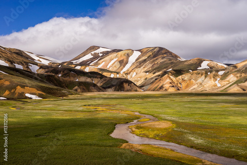 Colorful rhyolite mountains and river near Landmannalaugar, Iceland 
