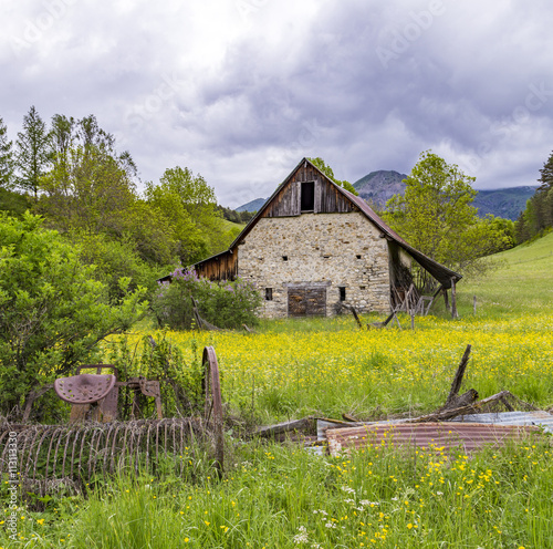 meadow with hut near le Vernet at col Mariaud photo