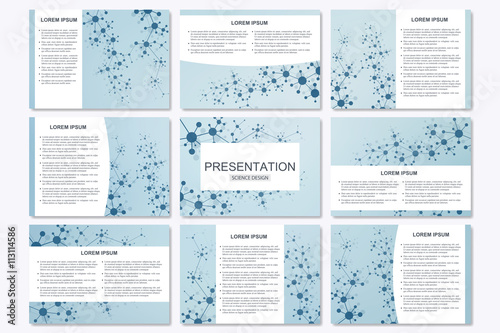 Set of modern business presentation templates in A4 size. Connection structure. Abstract background with molecule structure DNA and neurons