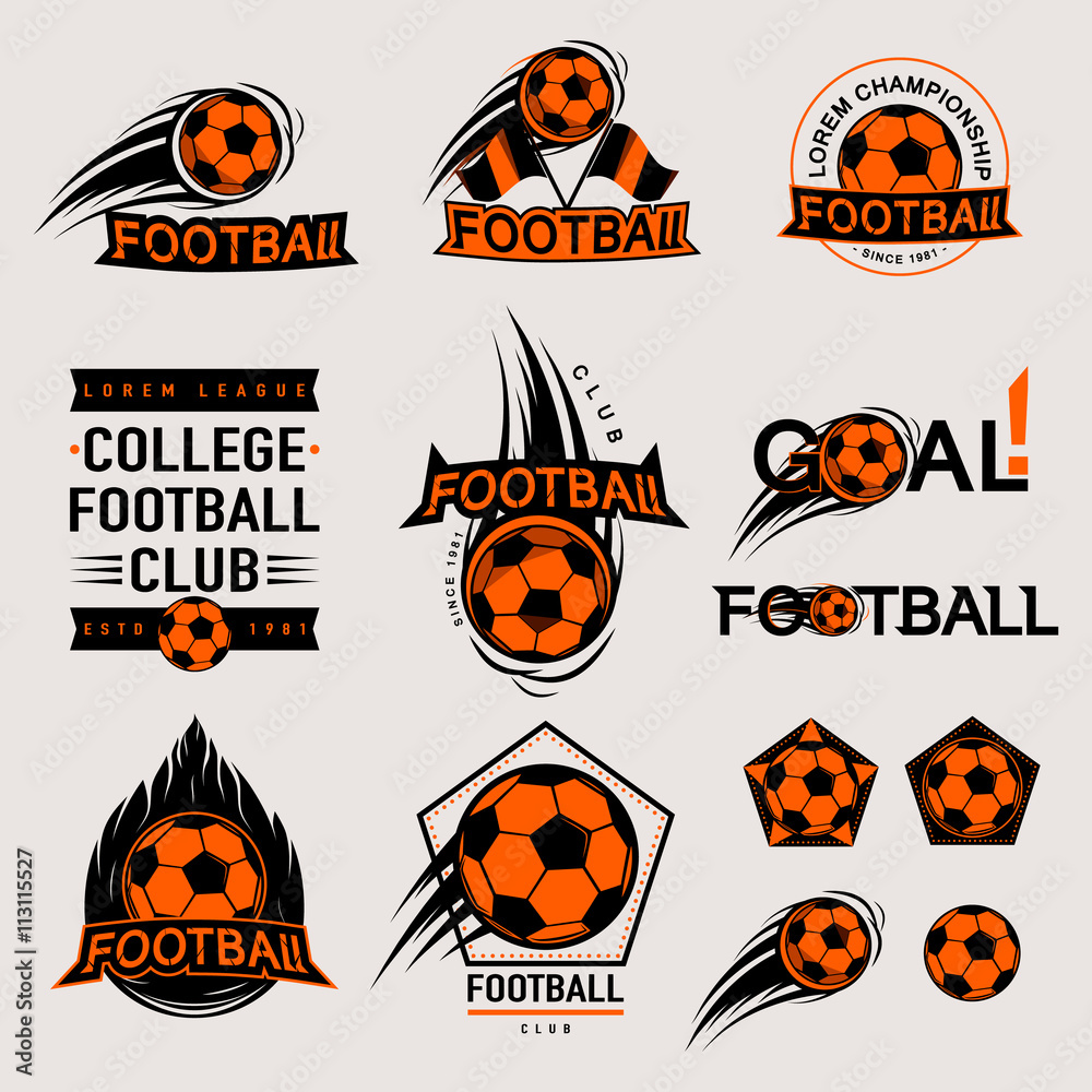 Set of color vintage, modern and retro logo badges, labels football game, club, sign Goal, soccer ball. Sport typography text, icons, old emblems. Vector illustration easy changed
