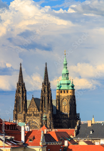 View over historic center of Prague with castle and St Vitus Cathedral, Czech Republic