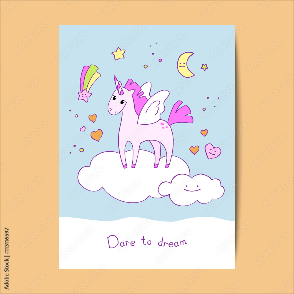 Greeting card design with cute unicorn in the sky. Greeting card design with cute unicorn in the sky.