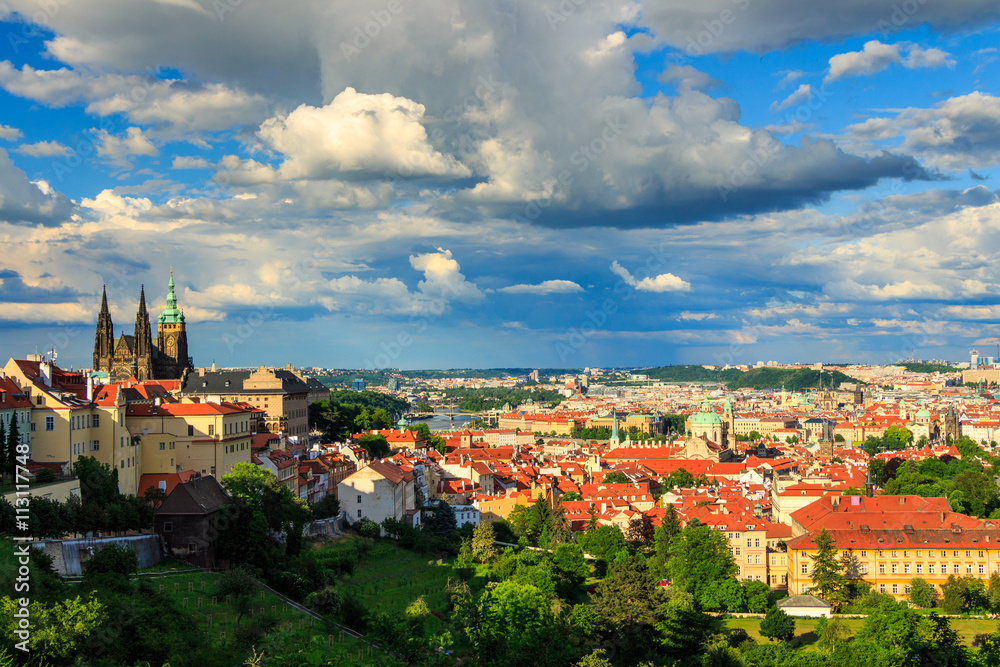 Panorama of Prague from Petrin gardens, Castle and St. Vitus cathedral visible of the left, bridges and Vltava river in the background, Czech Republic