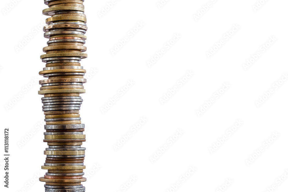 Stack of different coins in white background Stack of different coins in white background
