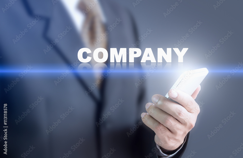 Businessman pressing hand COMPANY message on virtual screen. Can bring to the medium of your ad. Businessman pressing hand COMPANY message on virtual screen. Can bring to the medium of your ad.