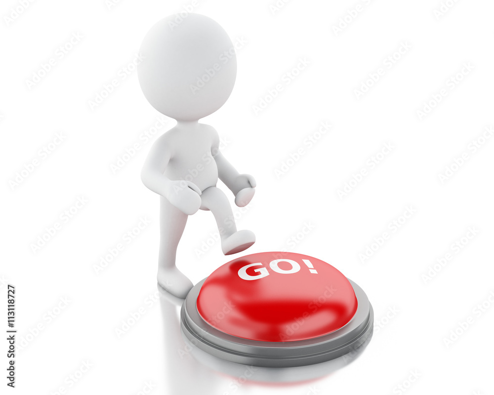 3d white people push GO button. 3d white people push GO button.