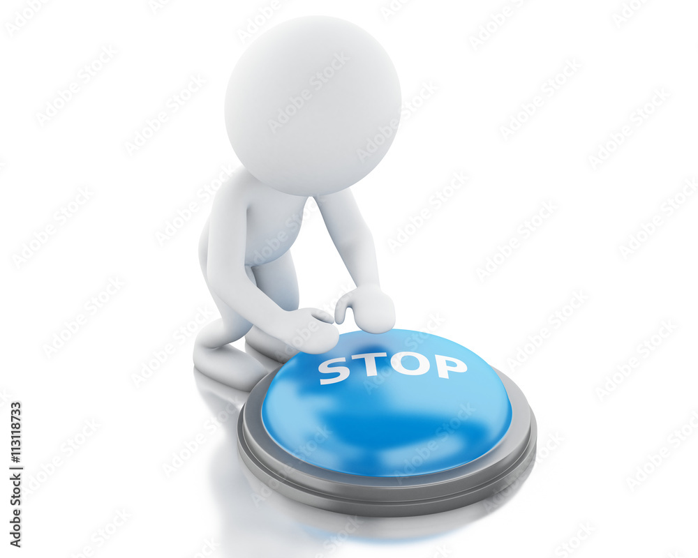 3d white people push STOP button. 3d white people push STOP button.