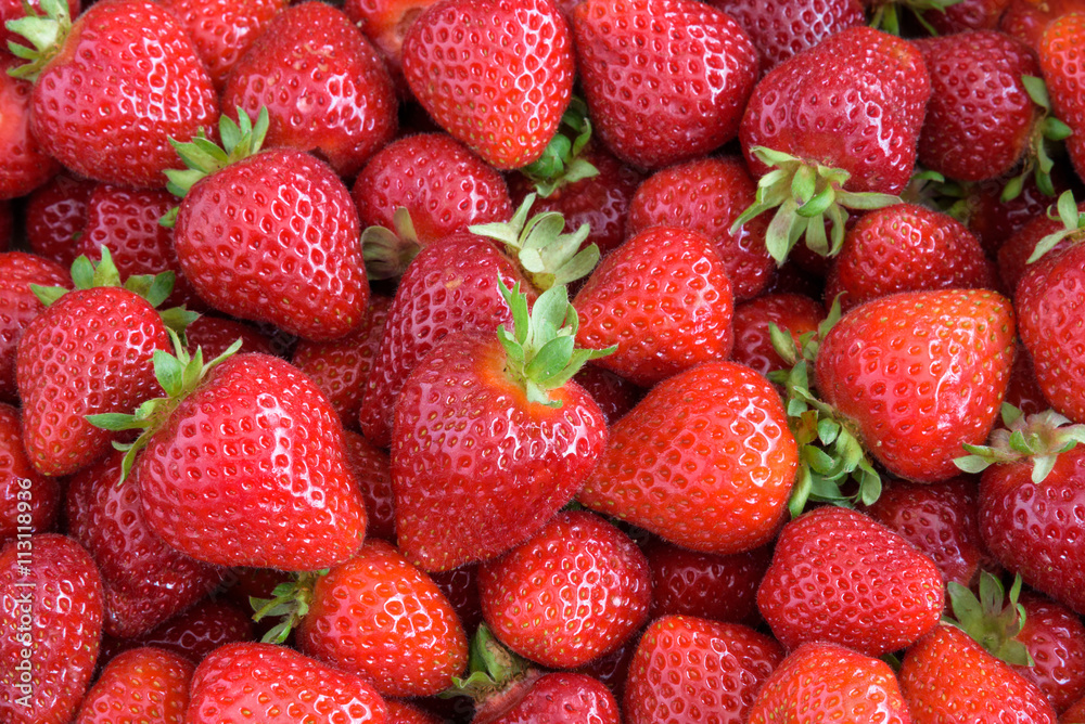 Fresh strawberry harvest, box of berries with stems
Fresh strawberry harvest, box of berries with stems
