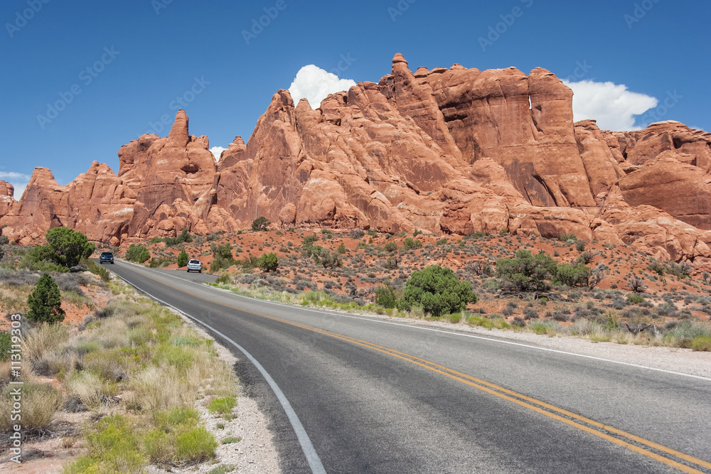 Scenic highway between Petrified Dunes and Fiery Furnace at Arches National Park, Utah, USA Scenic highway between Petrified Dunes and Fiery Furnace at Arches National Park, Utah, USA