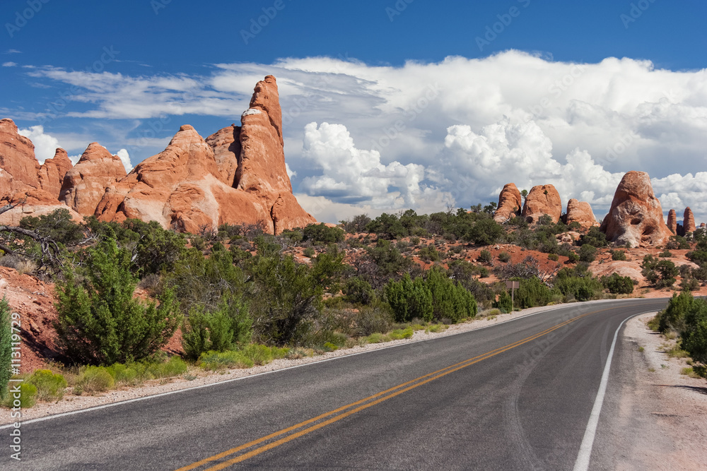 Scenic highway between Petrified Dunes and Fiery Furnace at Arches National Park, Utah, USA Scenic highway between Petrified Dunes and Fiery Furnace at Arches National Park, Utah, USA