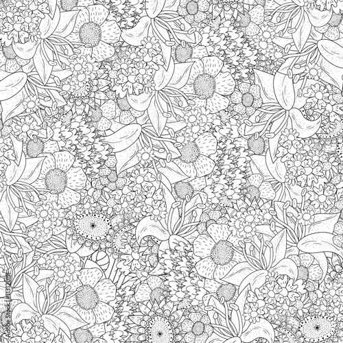 Handdrawn floral vector background for adult coloring book.
