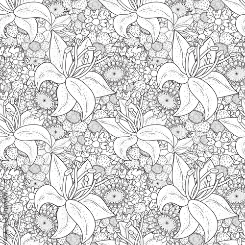 Handdrawn floral vector background for adult coloring book.