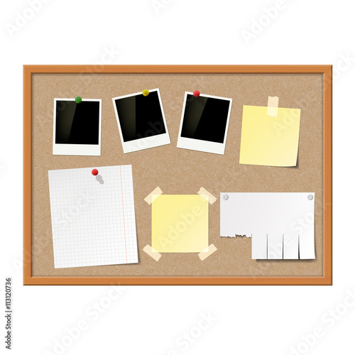 Empty photo frames, paper notes and yellow stickers attached to