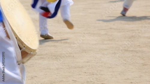 Performers playing traditional Korean music, the nongak, also known as the farmers music at Yeouido cherry blossom festival in Seoul, South Korea 