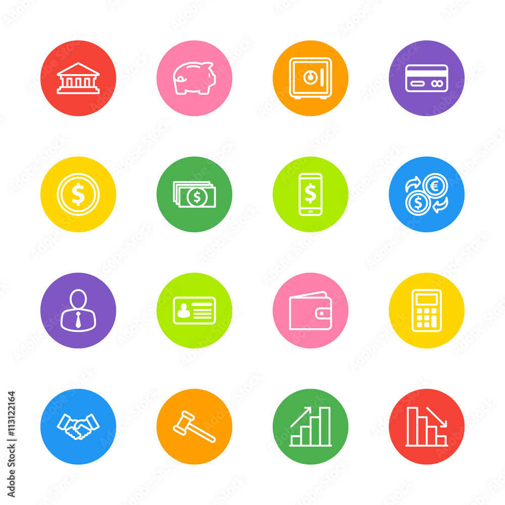 white line business commercial and finance icon set on colorful circle for web design, user interface (UI), infographic and mobile application (apps)