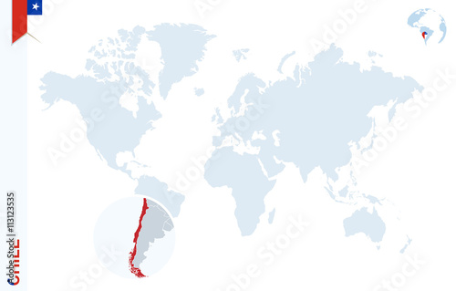 Blue world map with magnifying on Chile.